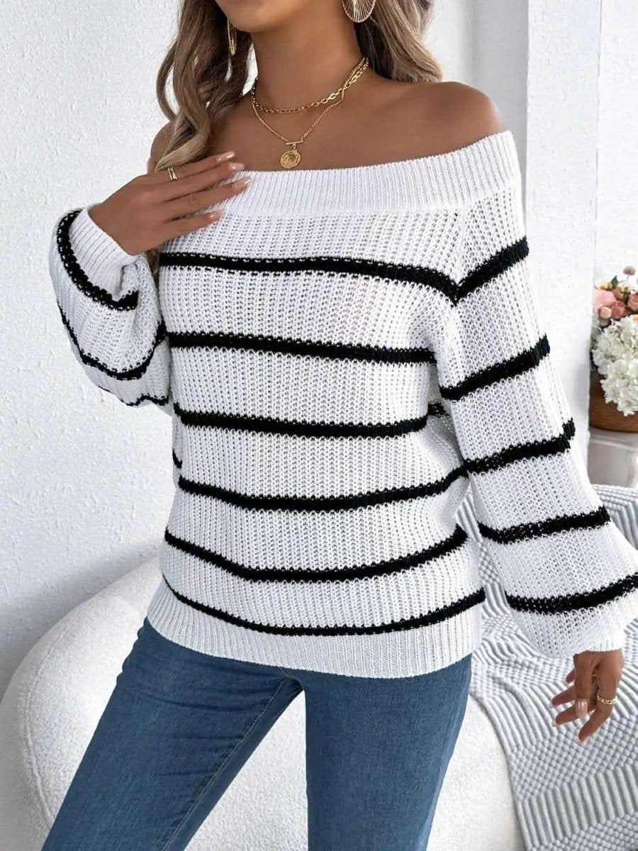 Striped Off-Shoulder Long Sleeve Sweater - Love Salve